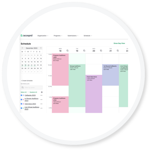 This screenshot of Acceptd’s audition scheduling software shows a customized calendar of dance, drama, voice, and flute auditions.
