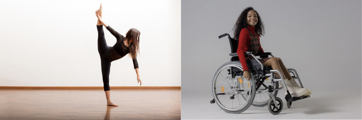 Images of framing for dancers. On left, a dancer in full extension with full body in frame, and on right a girl in a wheelchair with full body and wheelchair in frame