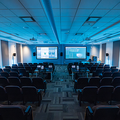 View from the back of Full Sail's Dolby Atmos studio