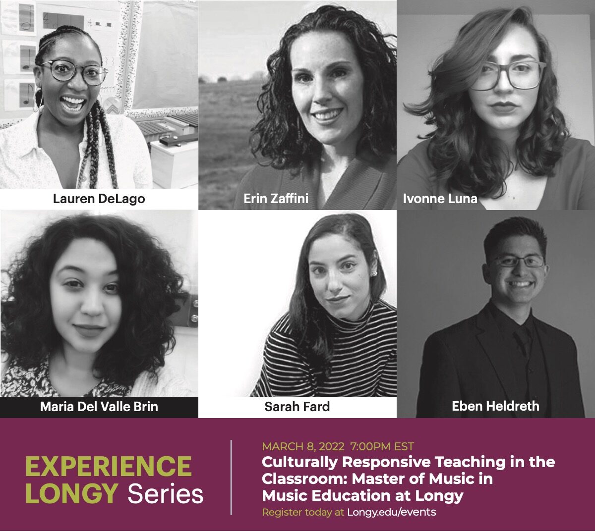 Experience Longy Series event March 8, 2022 announcement with headshots of Lauren DeLago, Erin Zaffini, Ivonne Luna, Maria Del Valle Brin, Sarah Fard, and Eben Heldreth