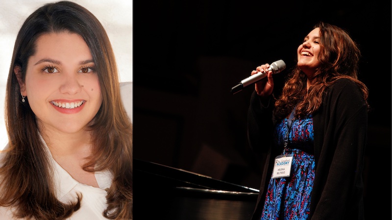 Headshot of Helena Beltrao on left, on right a photo of Helena Beltrao singing into a microphone on stage