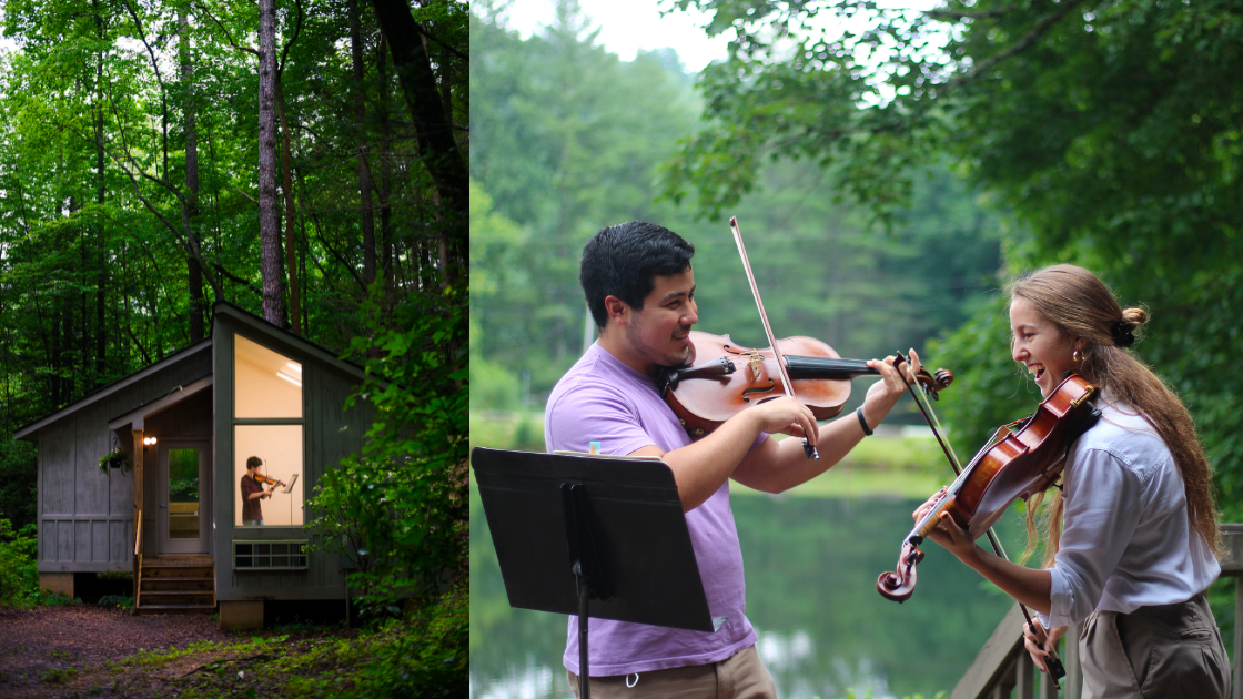 At left, a violinist practices in a small practice cabin with woods surrounding him. At right, two violists laugh and practice outside by the lake and trees