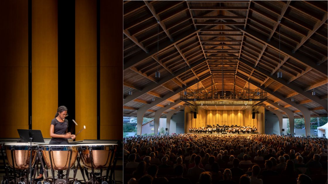 At left, a timpanist plays on stage at Brevard. At right, a wide shot of the Brevard stage with a full house and orchestra.