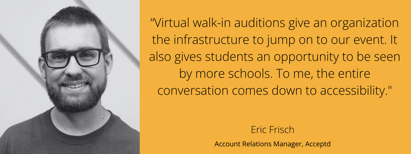 Black and white headshot of Eric Frisch with a white diagonal lined background, and a quote from the article at the right with an orange background, "Virtual walk-in auditions give an organization the infrastructure to jump on to our event..."