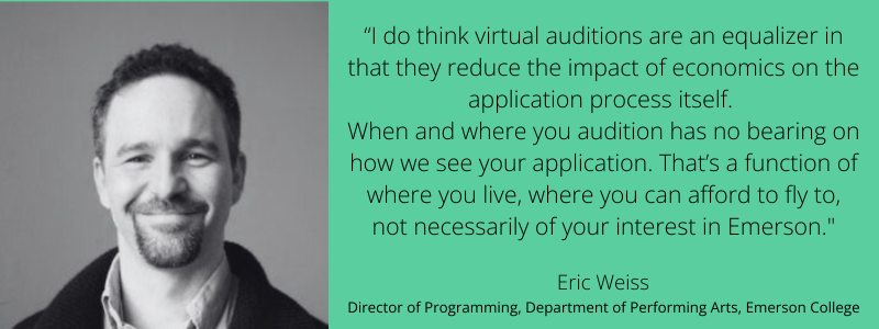 Black and white headshot of Eric Weiss with a grey background, and on the right a quote from the article with a green background. "I do think virtual auditions are an equalizer in that they reduce the impact of economics on the application process itself..."