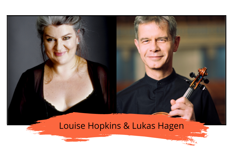 Headshots of Louise Hopkins and Lukas Hagen, with his violin.