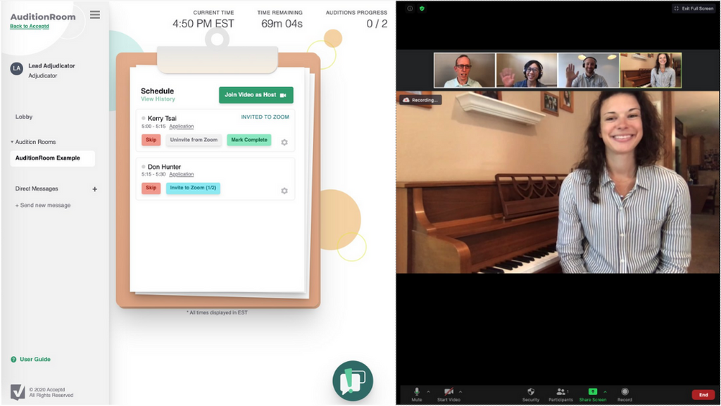 Screenshot of AuditionRoom home screen, schedule on left, Zoom room on the right