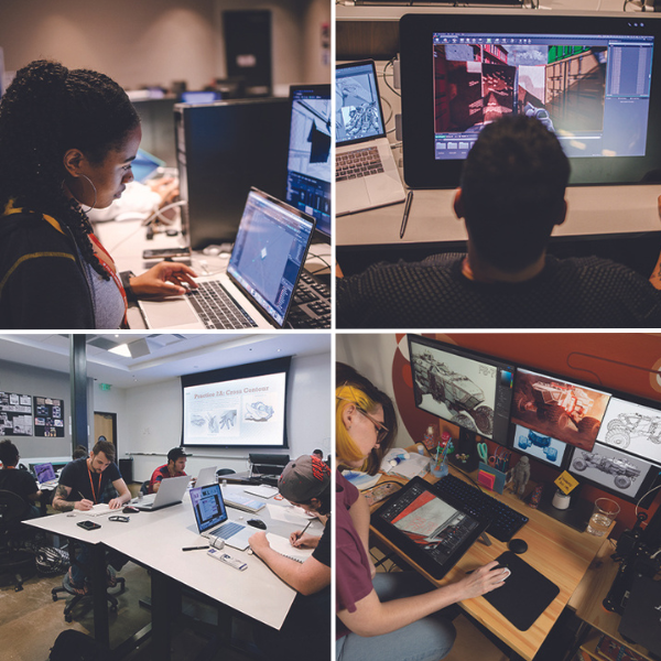 Four photos of Full Sail design students. Top-left, a female student works on a laptop, top-right, a male student looks at a design on his monitor, bottom-left, several students sit around a design table in a classroom with laptops and pads of paper out taking notes, bottom-right, female student with hand on her mouse, designing from a tablet with monster truck designs above her.